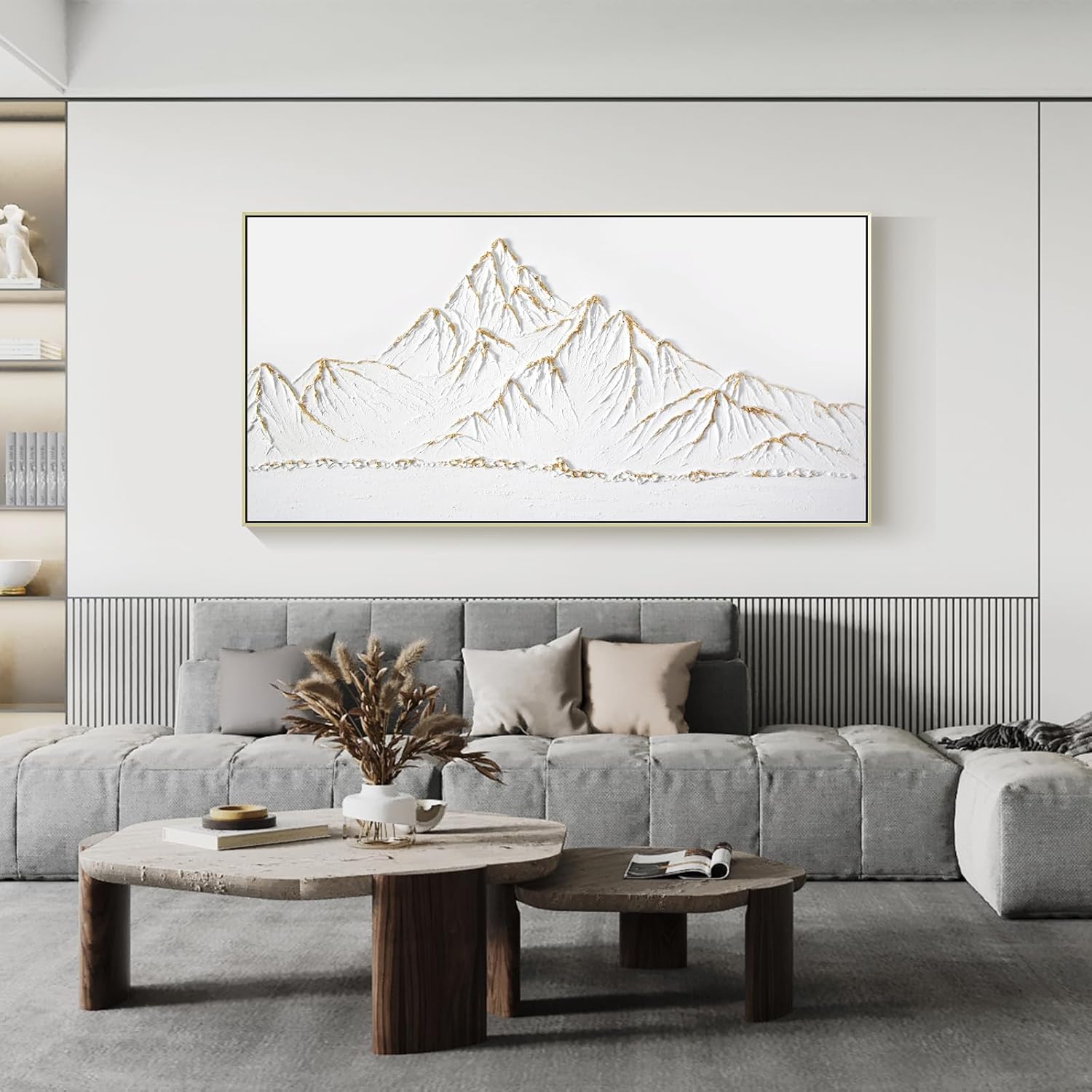 White and Gold Framed Paintings Textured Wall Art - 3D Mountain 100% Hand Painted Canvas Home Decor 48x24 Large Horizontal Contemporary Artwork Decoration for Living Room Bedroom