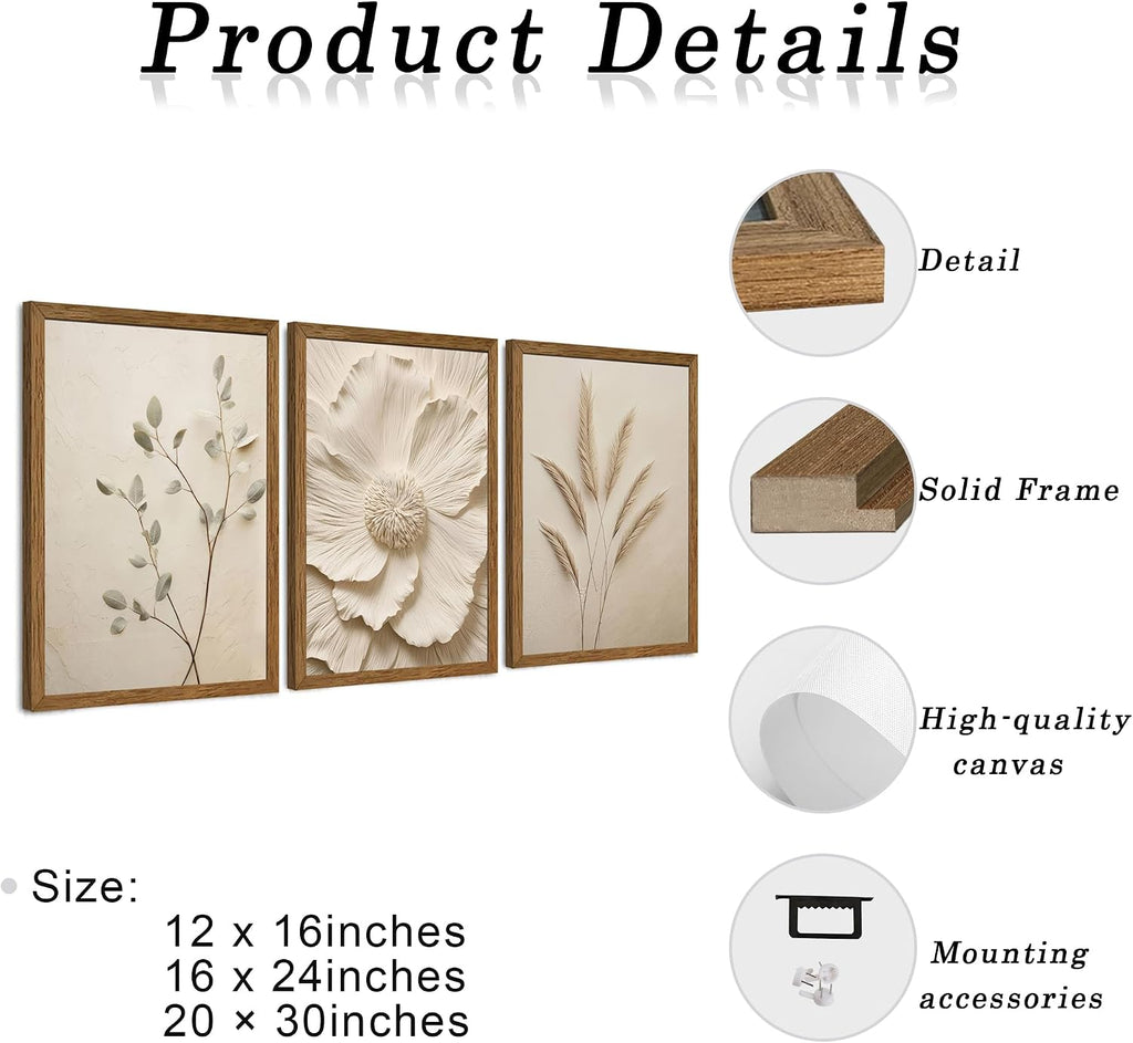 JLTULT 3 Piece Framed Neutral Beige Floral Canvas Wall Art, Modern Simple Texture Blossom Wall Decor, Vintage Botanical Flower Art Prints for Living Room Bedroom Farmhouse 20x30 inch Ready to Hang