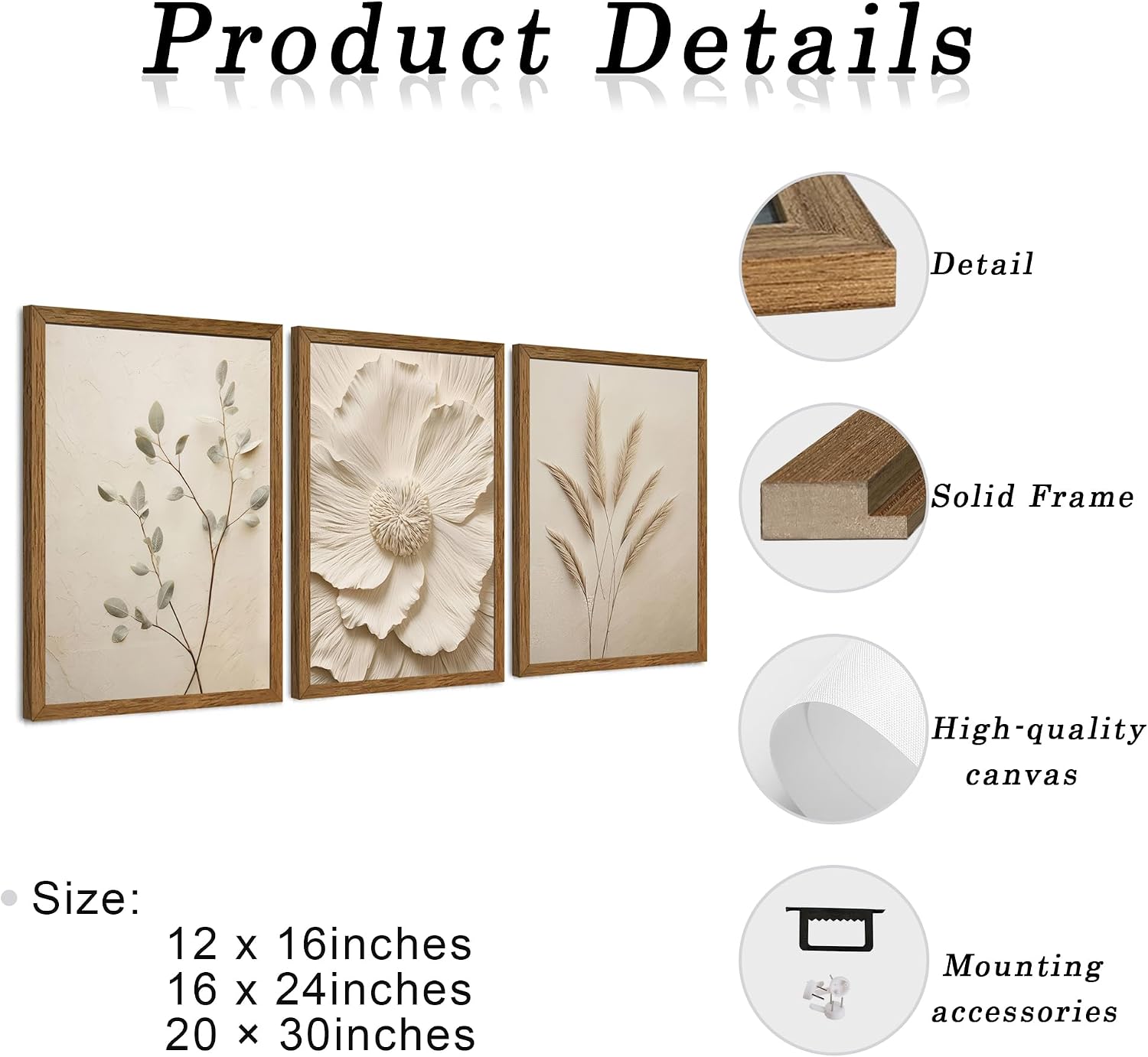 JLTULT 3 Piece Framed Neutral Beige Floral Canvas Wall Art, Modern Simple Texture Blossom Wall Decor, Vintage Botanical Flower Art Prints for Living Room Bedroom Farmhouse 20x30 inch Ready to Hang