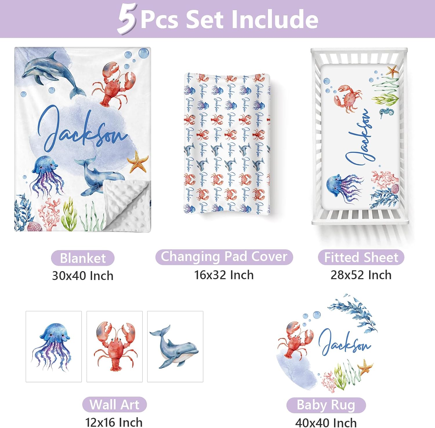 Personalized Baby Crib Bedding Set, 5 Pcs Custom Name Nursery Bedding Set for Girls Boys, Ocean Animals Baby Crib Set for Toddlers Infants, Double Layer Bedding Crib Sets Customized Gifts