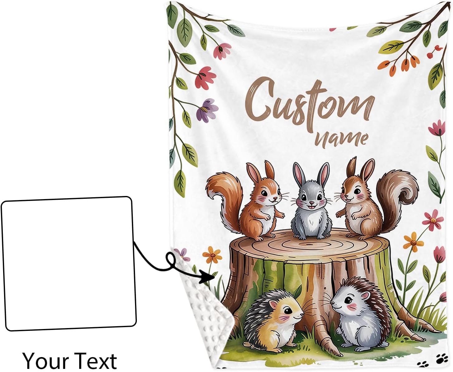 Personalized Crib Bedding Set for Baby Boys Girls, Custom Name Baby Crib Sets 5-Pcs - Toddler Double Layer Blanket Fitted Sheet Changing Pad Cover Rug Wall Art Set, Squirrel Stump Theme Nursery Décor