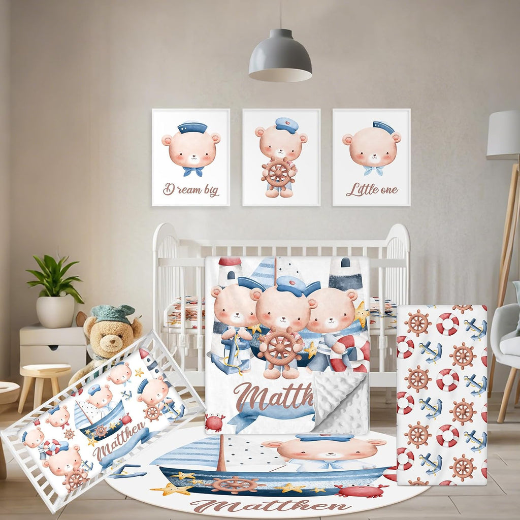 Terwex Custom Baby Bedding Set, 5 Pcs Customized Nursery Bedding Set with Name, Comfortable Double Layer Crib Sets for Boys Girls, Personalized Gifts for Infants Toddlers New Parents, Sailing Bear