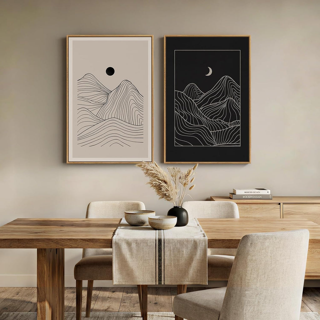 Large Framed Black and Beige Neutral Abstract Wall Art for Living Room, Set of 2 Modern Canvas Prints Paintings Artwork for Walls, Mountain and Moon Pictures for Bedroom Hallway Wall Decor 24x36 In