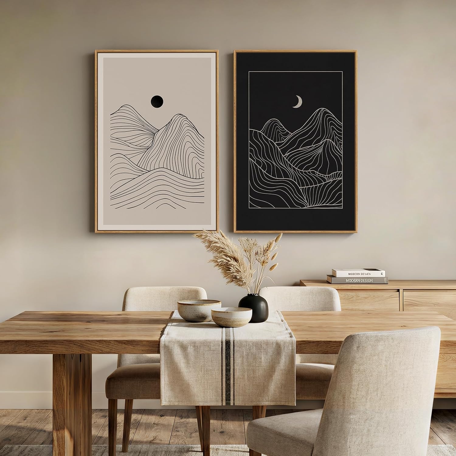 Large Framed Black and Beige Neutral Abstract Wall Art for Living Room, Set of 2 Modern Canvas Prints Paintings Artwork for Walls, Mountain and Moon Pictures for Bedroom Hallway Wall Decor 24x36 In