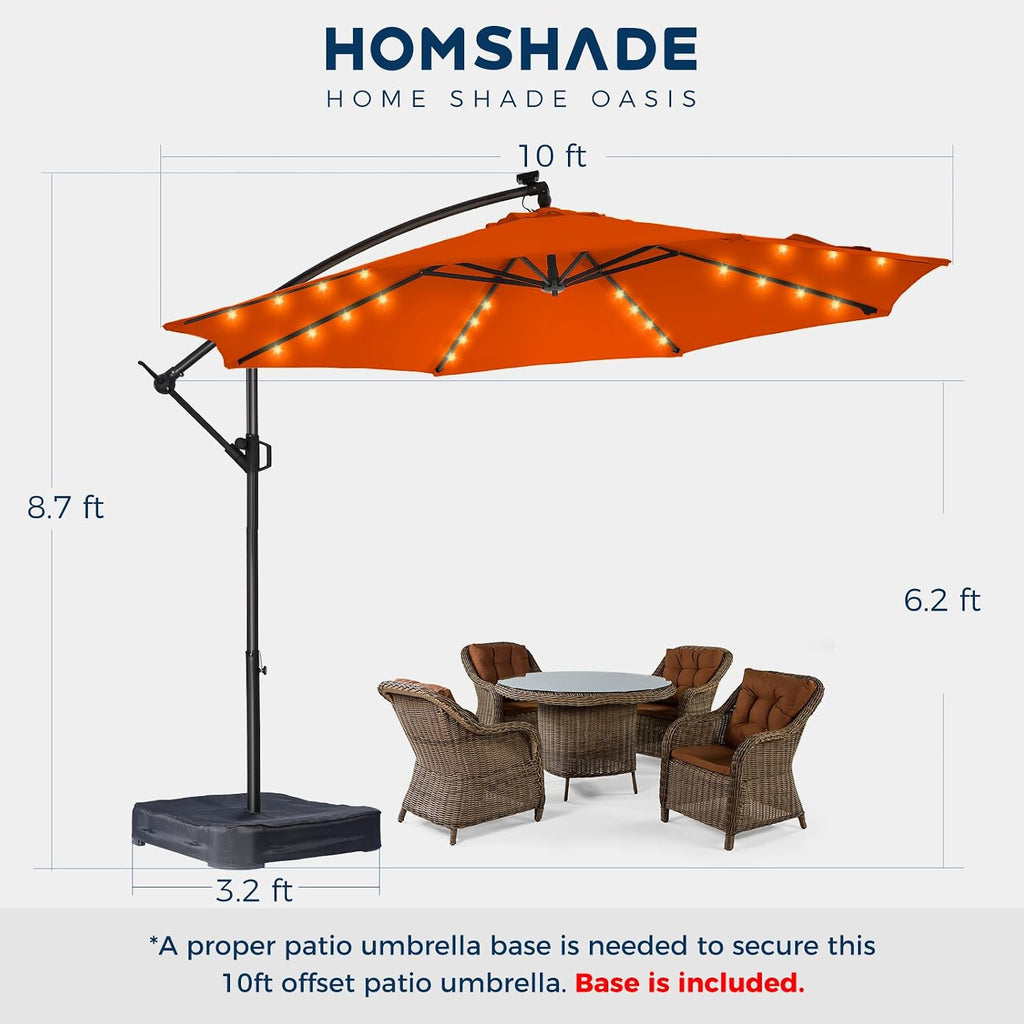 HOMSHADE 10ft Solar Lights Offset Cantilever Patio Umbrella - with Light and Base, LED Lighted Offset Hanging Patio Outdoor Market Umbrella UPF50+ UV Protection with Easy Tilt and Crank (Neon Orange)