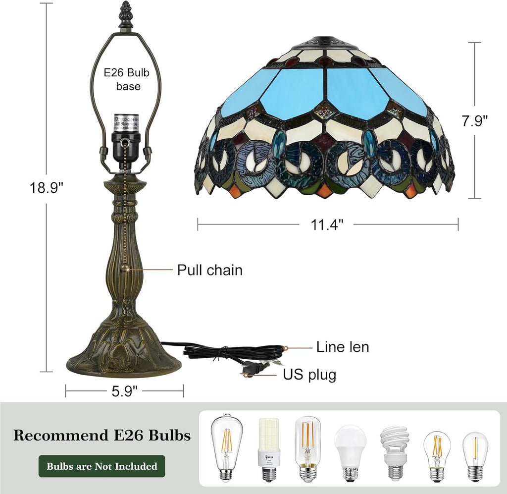 MOAN Lamp Stained Glass Table Lamp 12X12X19 Inch Bedside Reading Light Antique Bronze Base(Sapphire Style)