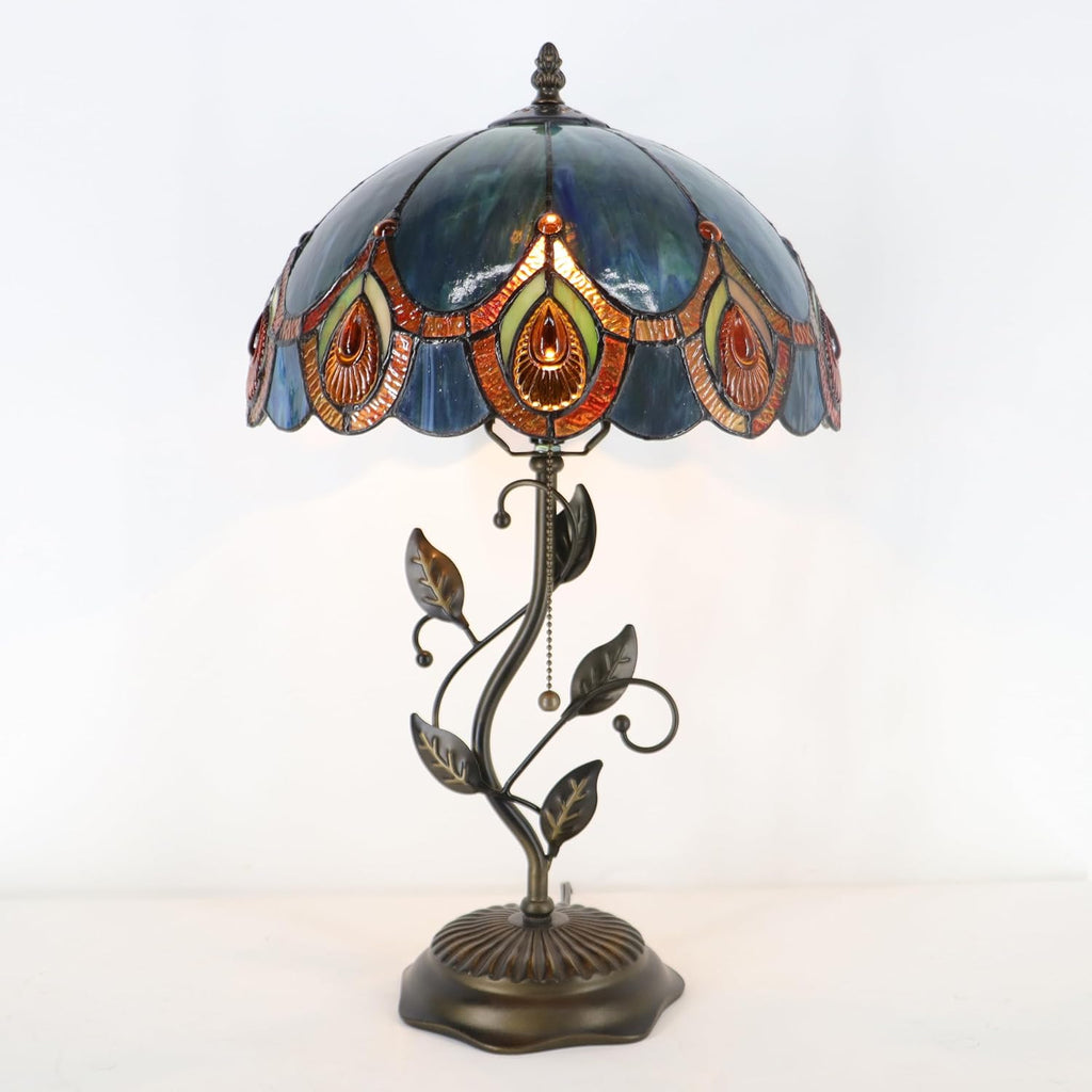 Tiffany Table Lamp, Stained Glass Style Desk Lamp, 12X12X19 Inch,Bedside Reading Light, Metal Leaf Base（Peacock Crystal Style