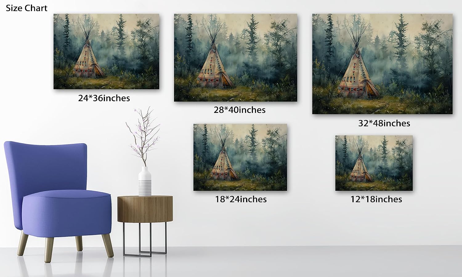 GUTTATY Native American Wall Decor for Bedroom - Native American Wolf Wall Art, Indian Tribal Camp Pictures Wall Art for Home Decor, Large Indian Art Canvas Print Framed 32x48''
