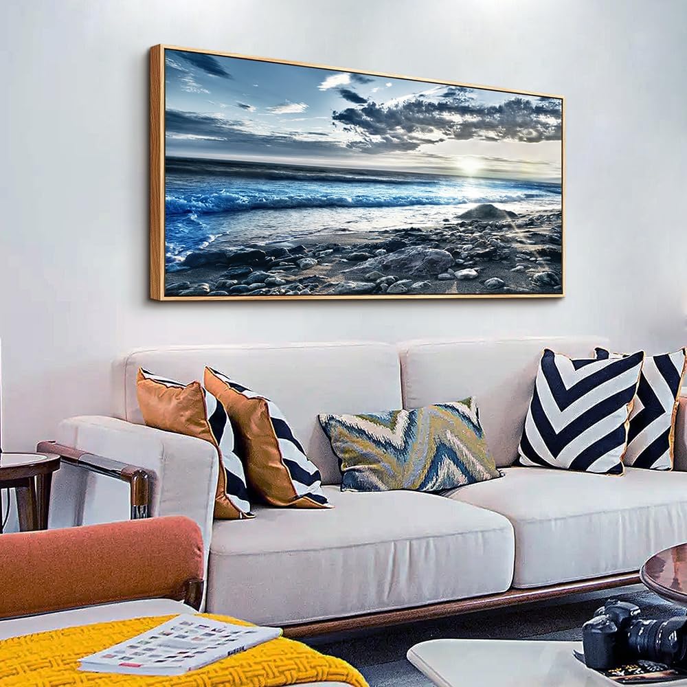 Wood Framed Wall Art For Living Room Large Size Wall Decor For Office Modern Bedroom Wall Decor Blue Beach Sun Ocean Landscape Wall Paintings Seascape Framed Pictures Artwork Home Decor 30' X 60'