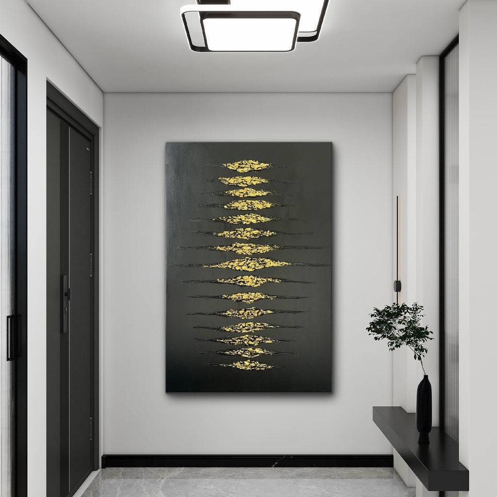 Creespi Hand-Painted Abstract Black and Gold Textured Wall Art 30x45 inch,Large Minimalist 3D Thick Texture Oil Painting on Canvas for Home Wall Decoration