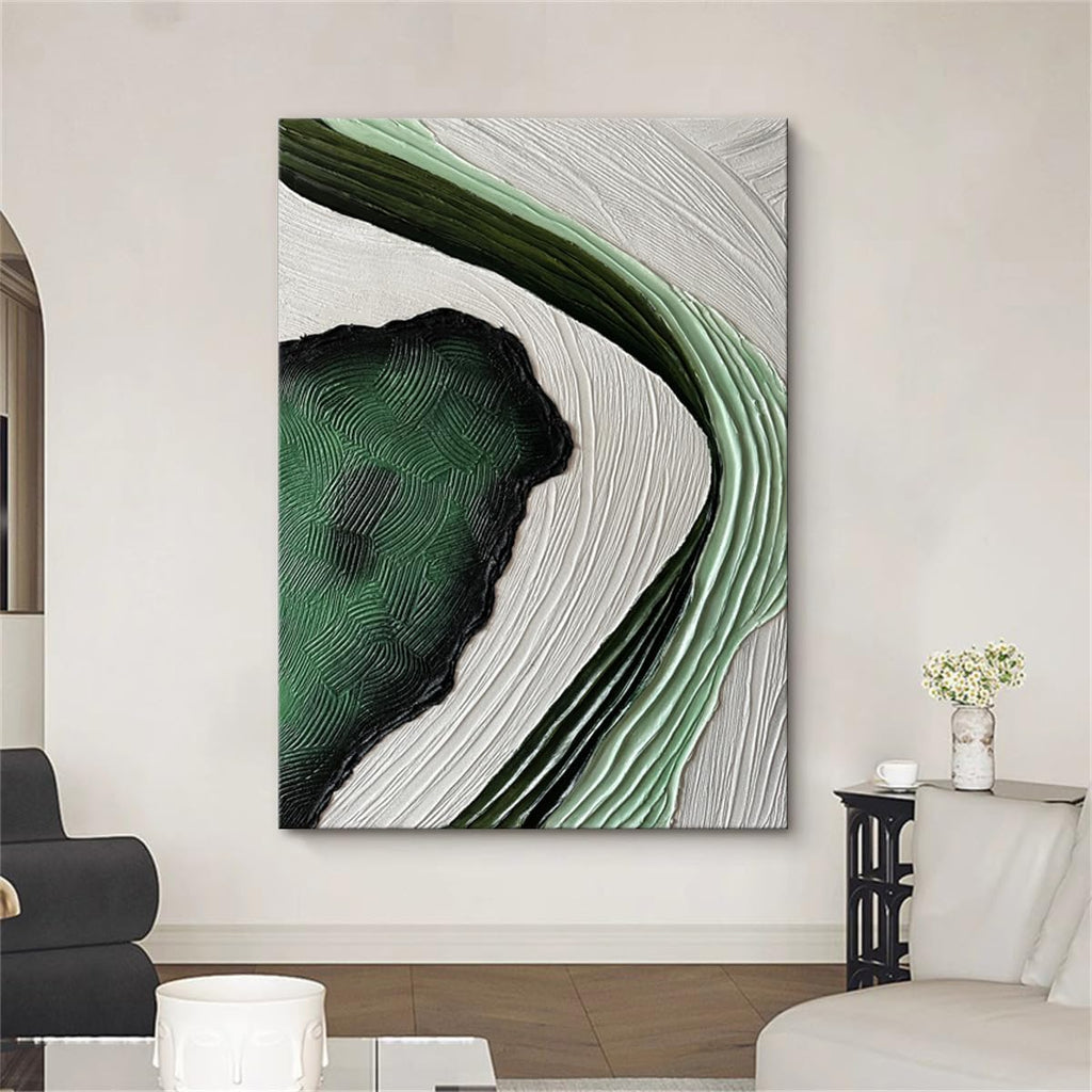 Slyart Large Nordic Green and White Abstract Vertical Wall Art Green 3D Texture Painting Green White Painting Modern Living Room Oil Paintings Minimalist Art