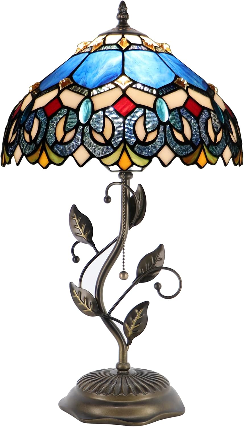Tiffany Table Lamp, Stained Glass Style Desk Lamp, 12X12X19 Inch,Bedside Reading Light, Metal Leaf Base(Blue Baroque)
