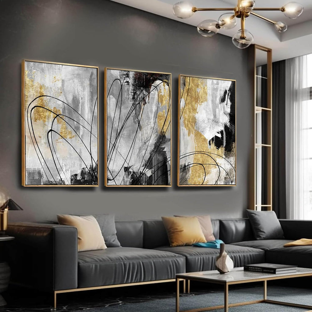 YJYart Gold Wall Art Abstract Wall Art Living Room Decor Black and White Canvas Picture Home Decor Wooden Frame Line Paintings Modern Artwork Office Decor 24'x 36'x 3 Pieces