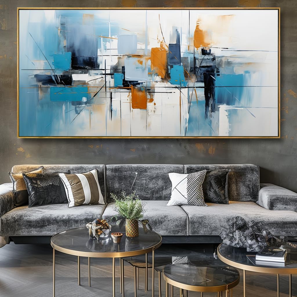 Wall Art Abstract Wall Decor Blue Orange Colorful Canvas Painting Modern Artwork for Living Room Bedroom Dining Room Home Office Decor 24'x48' with Framed