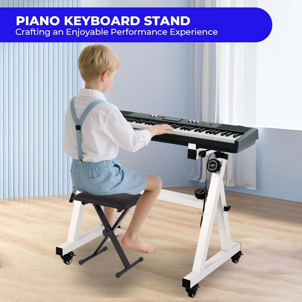 FAHKNS Piano Keyboard Stand and Bench, Z Style Portable and Adjustable Piano Stand with Headphone Bracket for 54-88 Key Electric Pianos, Piano Accessories with Bottom Wheel for Kids and Adults, White