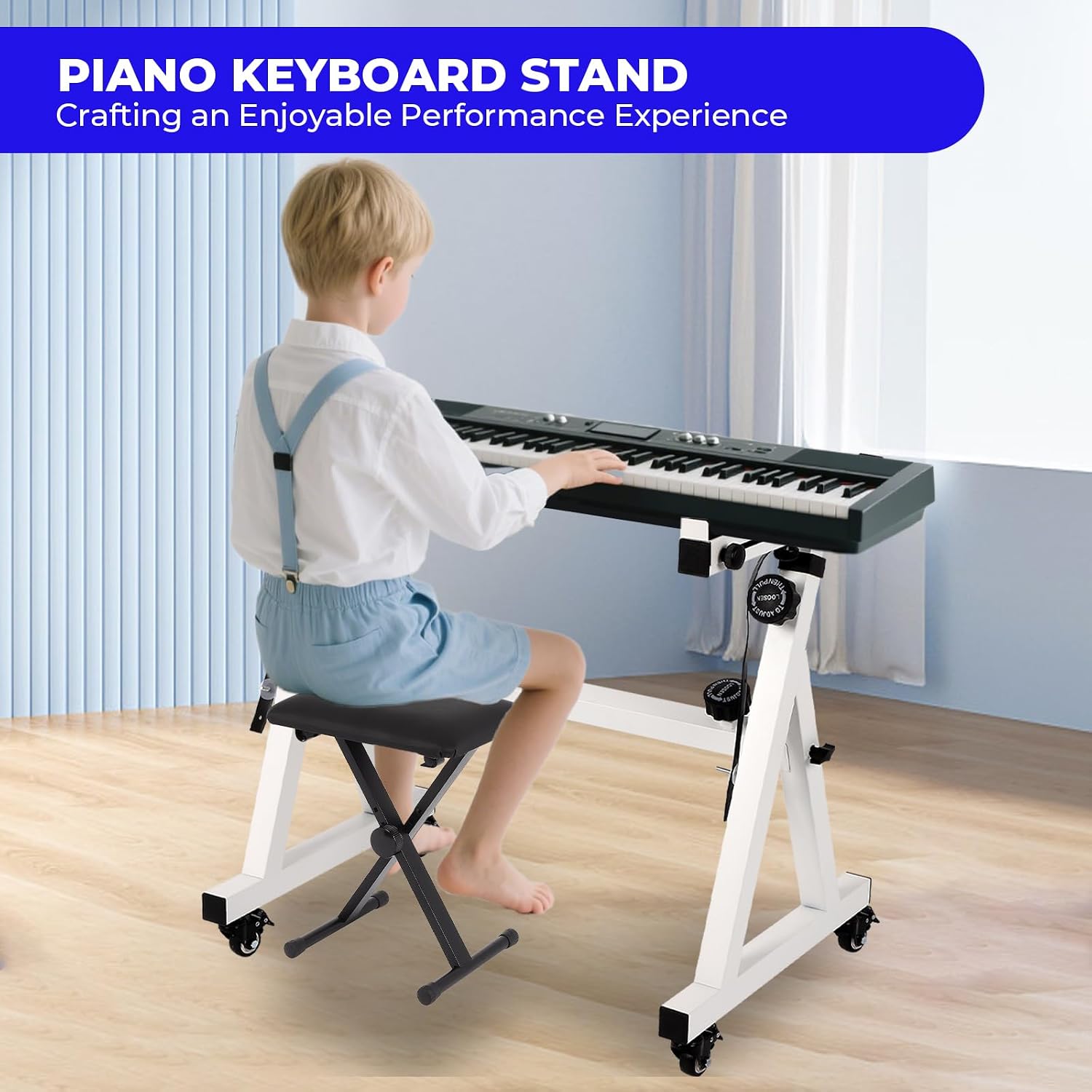 FAHKNS Piano Keyboard Stand and Bench, Z Style Portable and Adjustable Piano Stand with Headphone Bracket for 54-88 Key Electric Pianos, Piano Accessories with Bottom Wheel for Kids and Adults, White