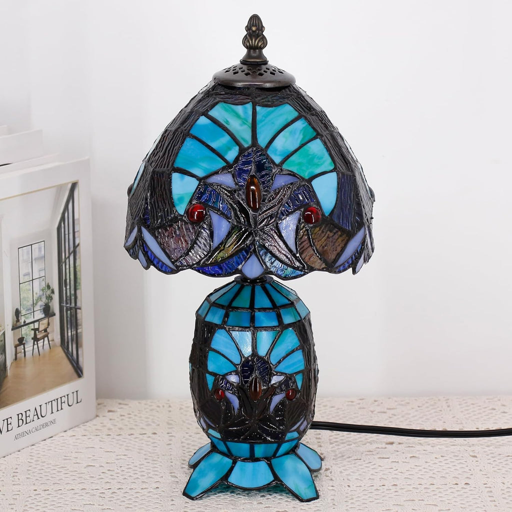 Small Tiffany Lamp Stained Glass Table Lamp Mini Mother Daughter Vase Desk Accent Light for Bedroom Bedside Reading Home Antique Style Decor 8X14 Inches (Green)