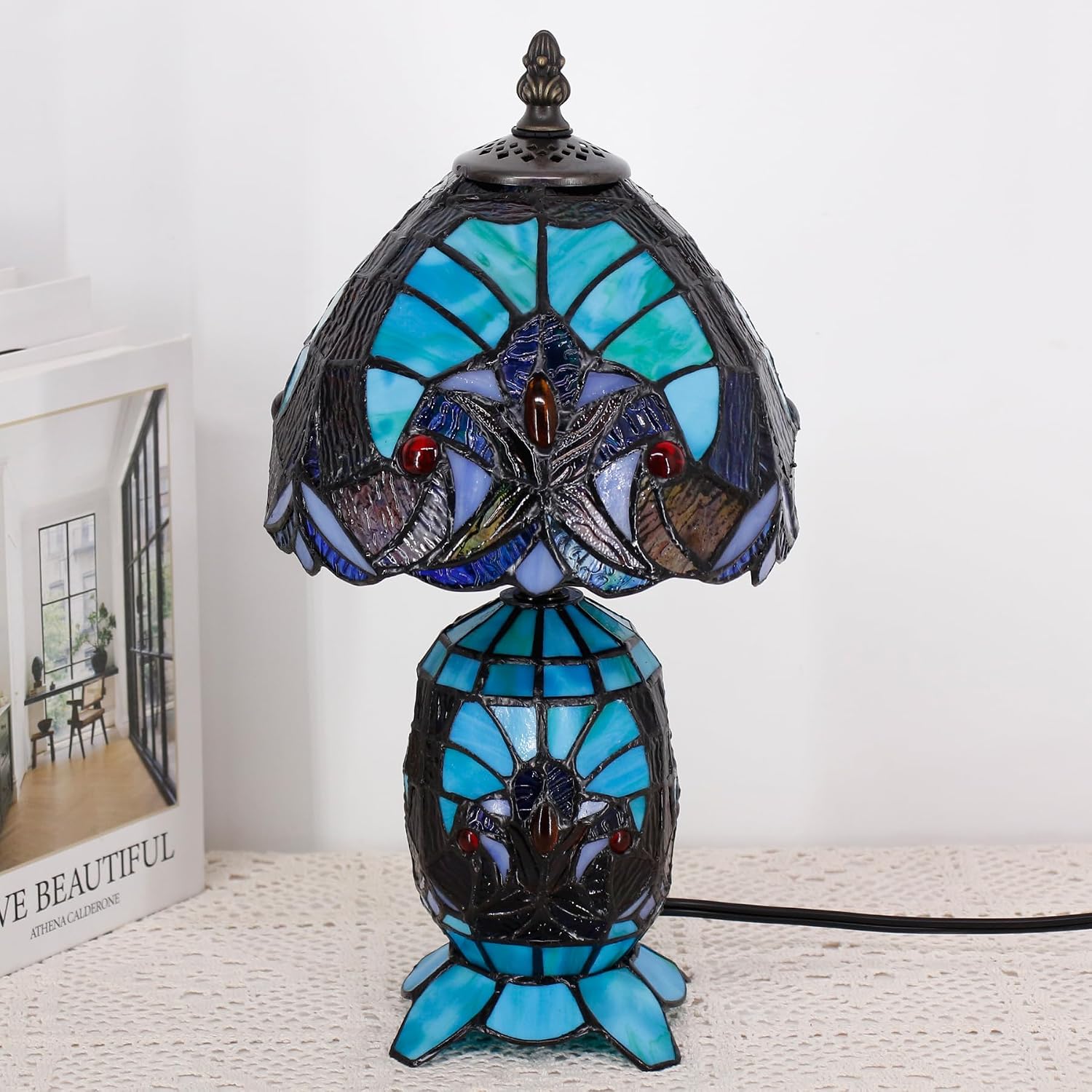 Small Tiffany Lamp Stained Glass Table Lamp Mini Mother Daughter Vase Desk Accent Light for Bedroom Bedside Reading Home Antique Style Decor 8X14 Inches (Green)