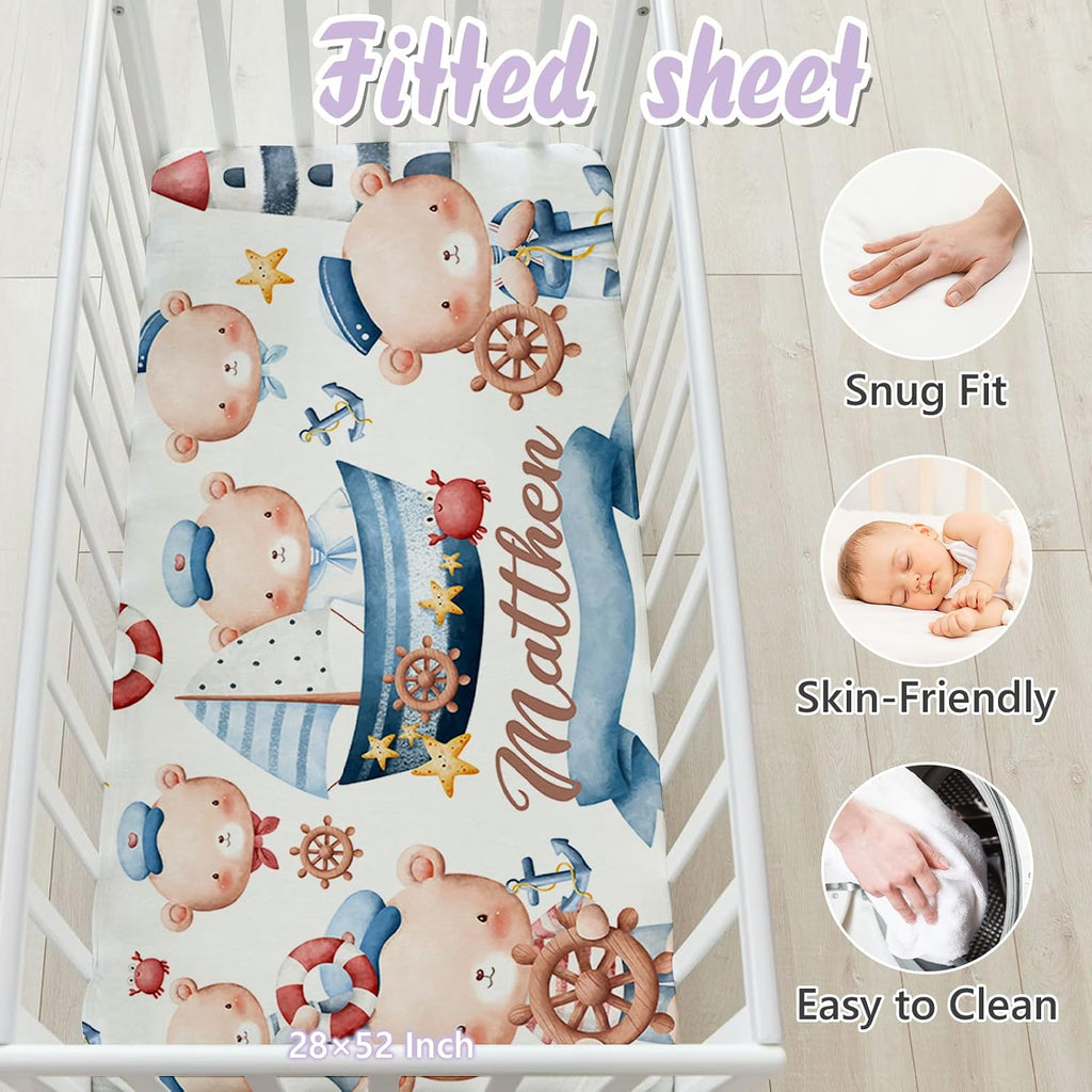 Custom Baby Crib Bedding Set, 5 PCS Personalized Name Baby Crib Sets for Girls Boys, Sailor Bear Theme Nursery Bedding Sets for Infant Toddler, Double Layer Flannel Bed Set Customized Gifts