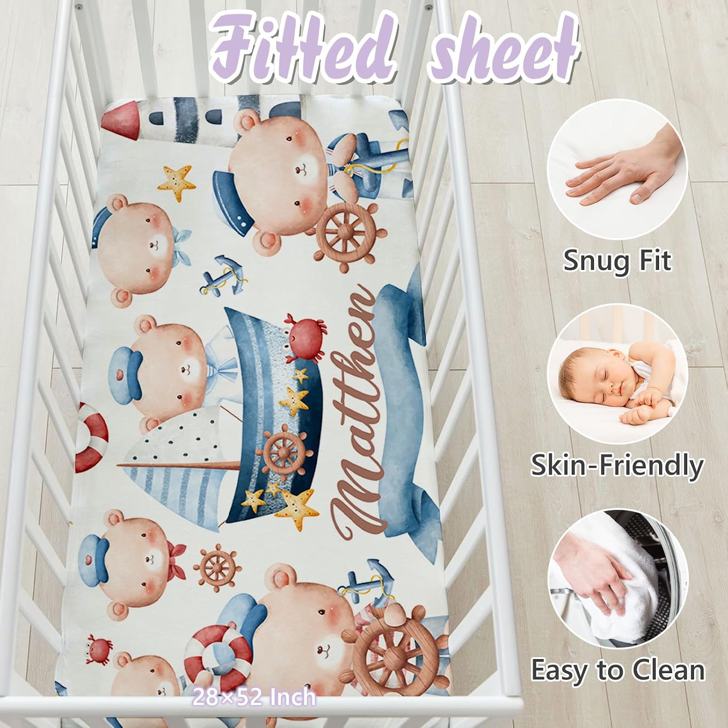 Custom Baby Crib Bedding Set, 5 PCS Personalized Name Baby Crib Sets for Girls Boys, Sailor Bear Theme Nursery Bedding Sets for Infant Toddler, Double Layer Flannel Bed Set Customized Gifts