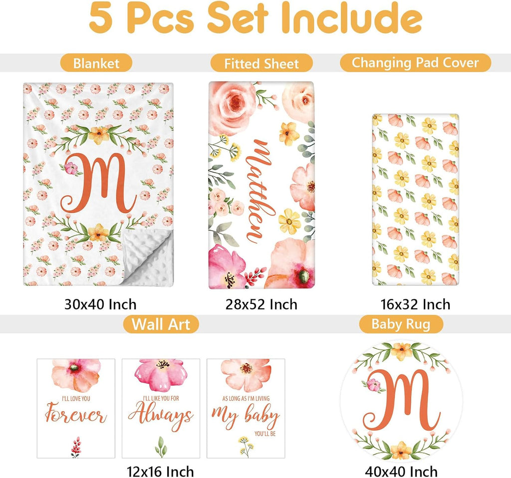 Terwex Custom Baby Bedding Set - 5 Pcs Customized Nursery Bedding Set with Name - Comfortable Double Layer Crib Sets for Girls Boys - Personalized Gifts for Toddler Infant New Parents - Orange Flowers