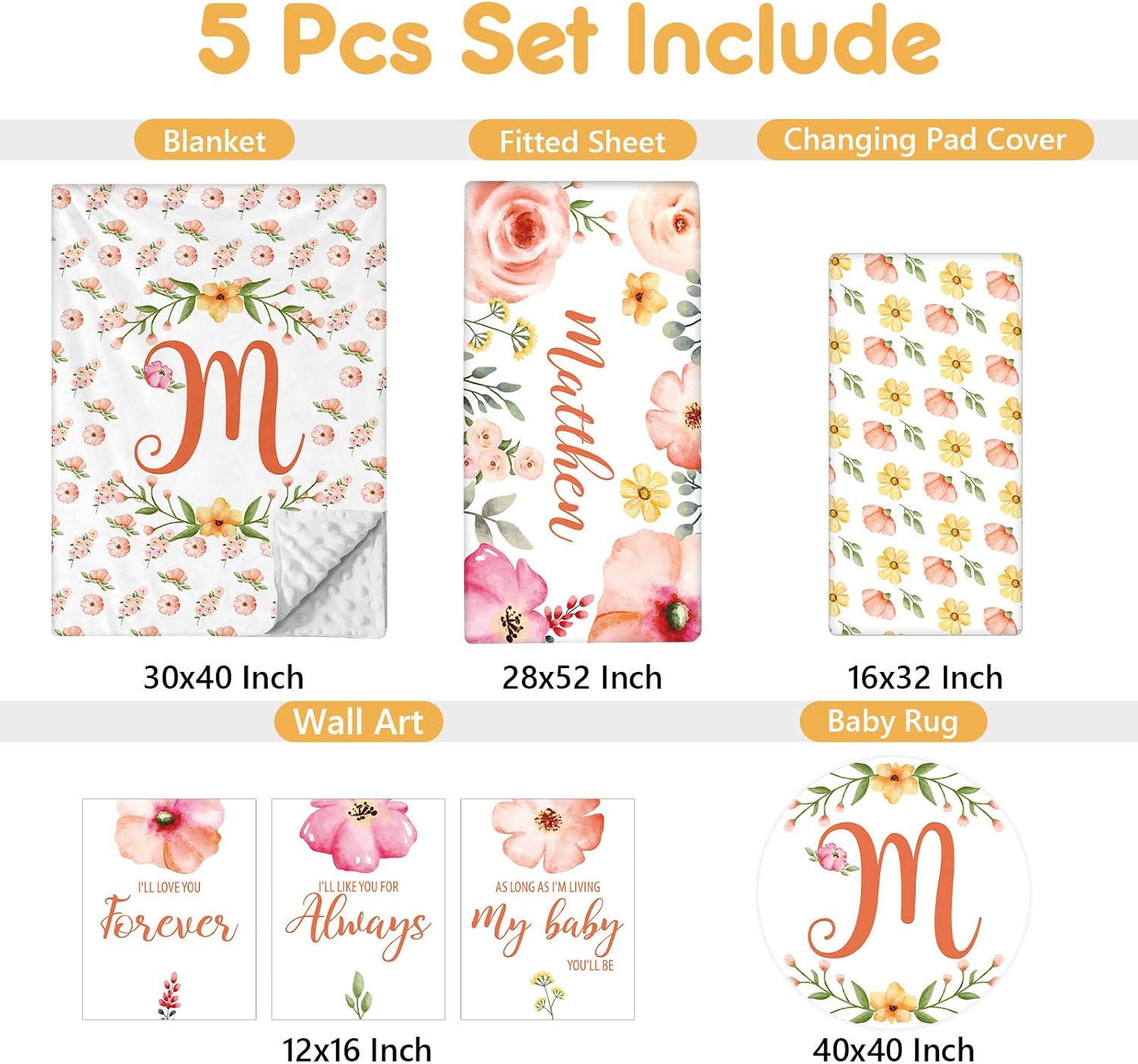 Terwex Custom Baby Bedding Set - 5 Pcs Customized Nursery Bedding Set with Name - Comfortable Double Layer Crib Sets for Girls Boys - Personalized Gifts for Toddler Infant New Parents - Orange Flowers