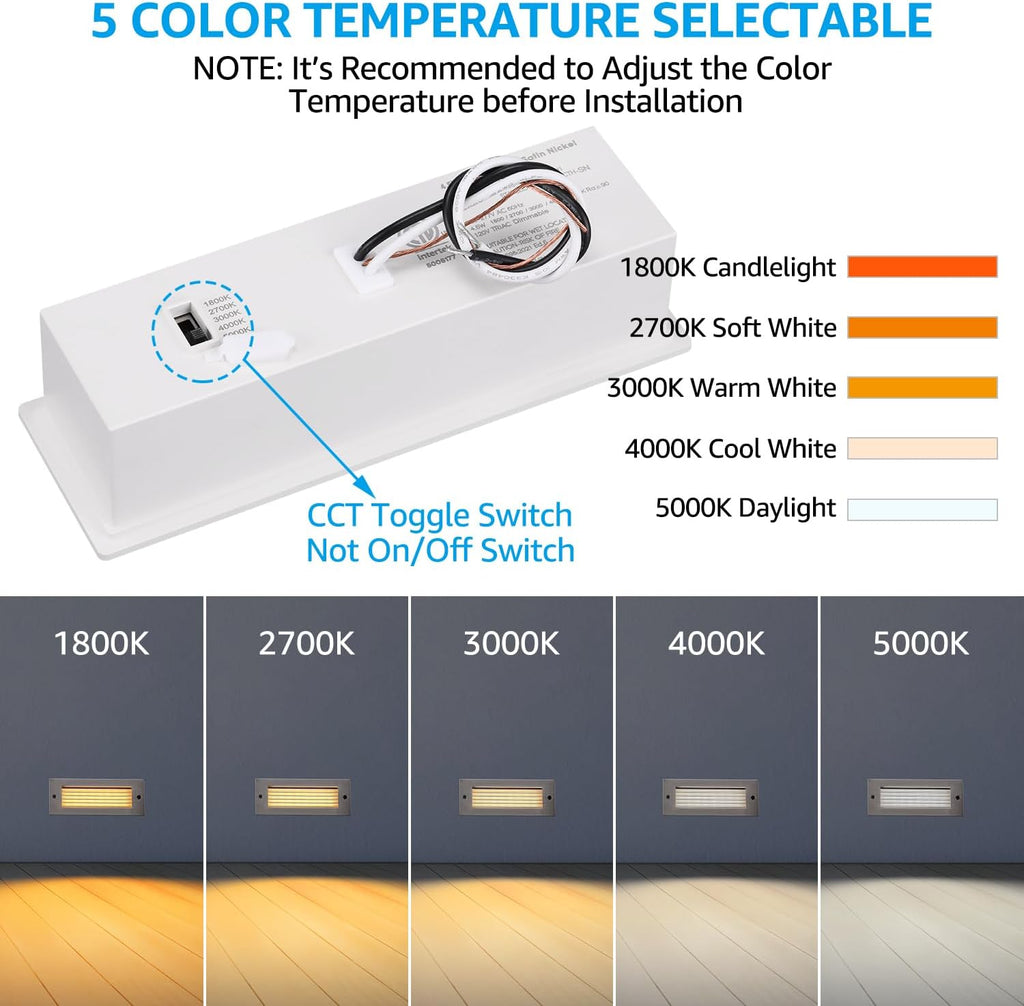 LEONLITE Update 5CCT LED Step Lights 120-277V, Dimmable 4.5W 300LM Anti-Glare LED Deck Steps Stair Lights Outdoor, 1800K2700K3000K4000K5000K, CRI 90, ETL, IP65 Waterproof, Satin Nickel, Pack of 3