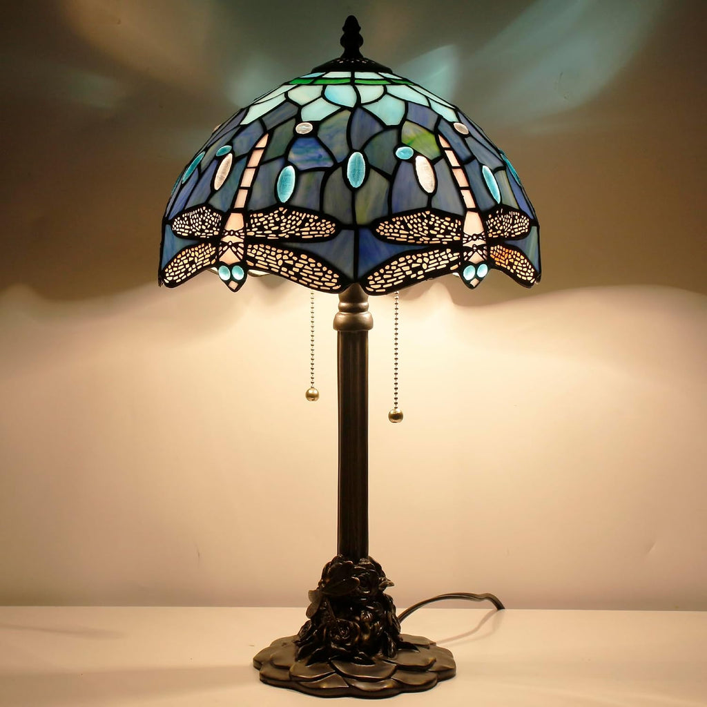 Tiffany Table Lamp Stained Glass Desk Lamp 12X12X21Inch Resin Base for Bedroom Living Room Reading Light (Blue Dragonfly)