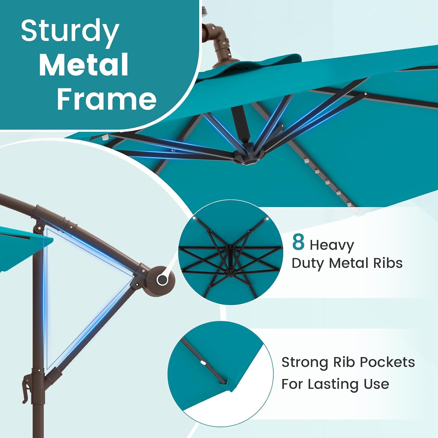 Tangkula 10FT Offset Patio Umbrella with Base Included, Outdoor Cantilever Umbrella with 40 Solar LED Lights, Tilt Adjustment, Crank Handle, Vented Top, Sand Bags for Pool Yard Deck (Turquoise)