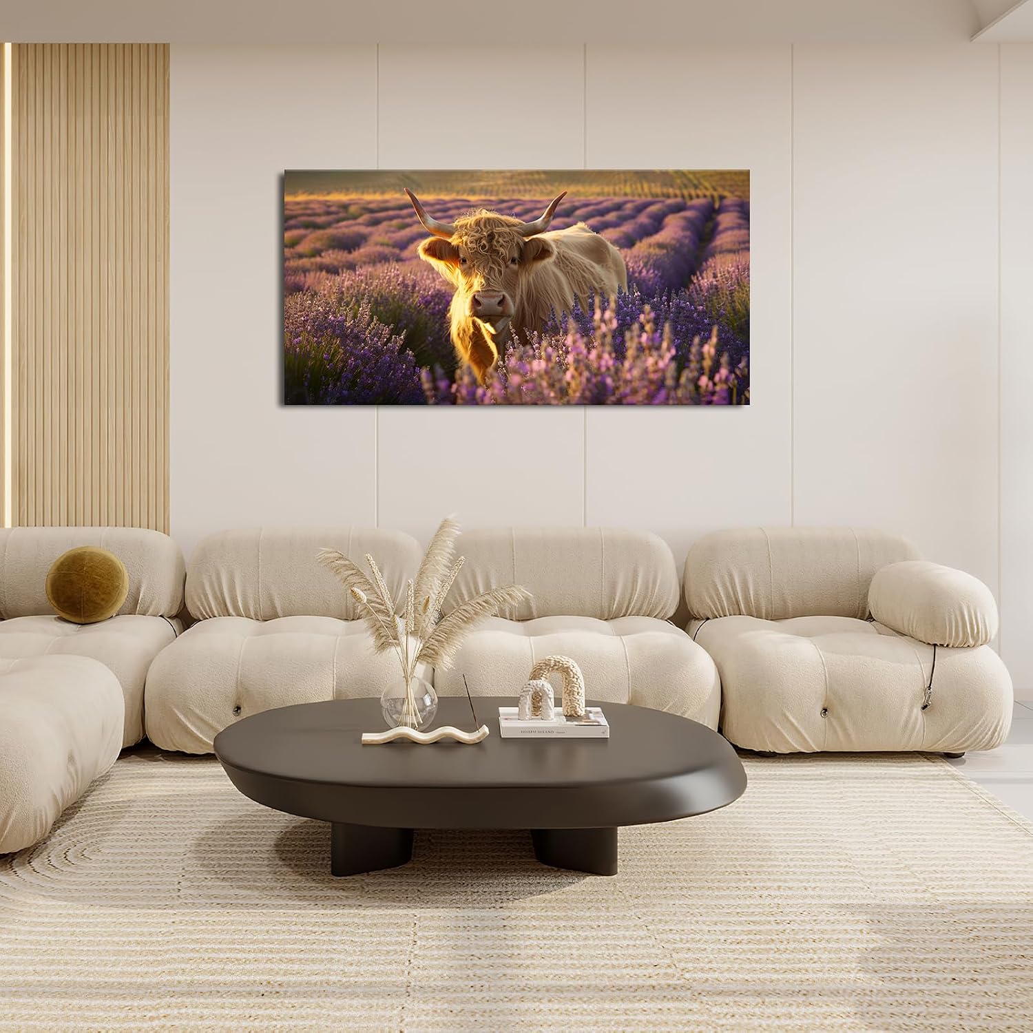 Large Highland Cow Wall Art Lavender Cow Pictures Wall Decor Country Landscape Cattle Canvas Painting Print Home Modern Artwork Decorations Framed for Bathroom Living Room Bedroom Office 60 x 30 inch