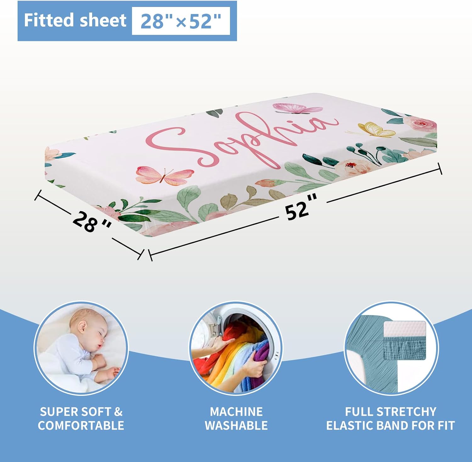 KAINSY Personalized Crib Set, 5 Pcs Custom Baby Crib Sets with Name, Double Layer Butterfly Nursery Bedding Set for Girls, Soft Flannel Bedding Set, Toddler Infant Customized Gift