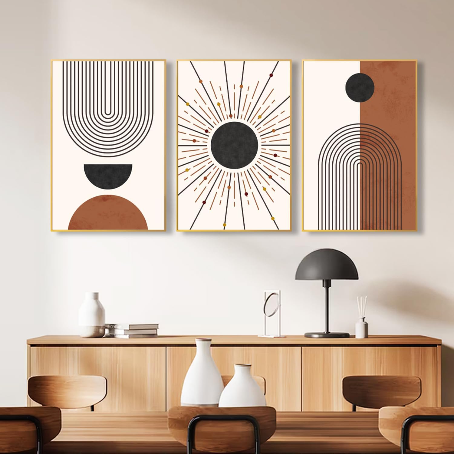 Minimalist Boho Framed Canvas Wall Art Set, Neutral Geometric Line Sun Wall Decor, Mid Century Wall Painting, Abstract Modern Bohemian Art Print for Living Room, Bedroom, Office -24'x36'x3