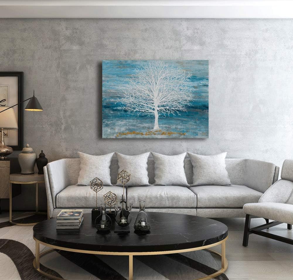 Yihui Arts Canvas Art Wall Decor, White Birch Trees Landscape Picture Painting, Modern Nature Teal Artwork Prints, Large Size Framed for Home Decor