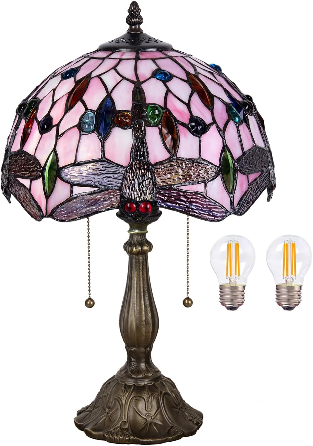 Tiffany Table Lamp, Pink Dragonfly Stained Glass Lamp,12 Inch Tiffany Style Lamp for Bedroom Living Room Home, Handcrafted Light, Included Bulb
