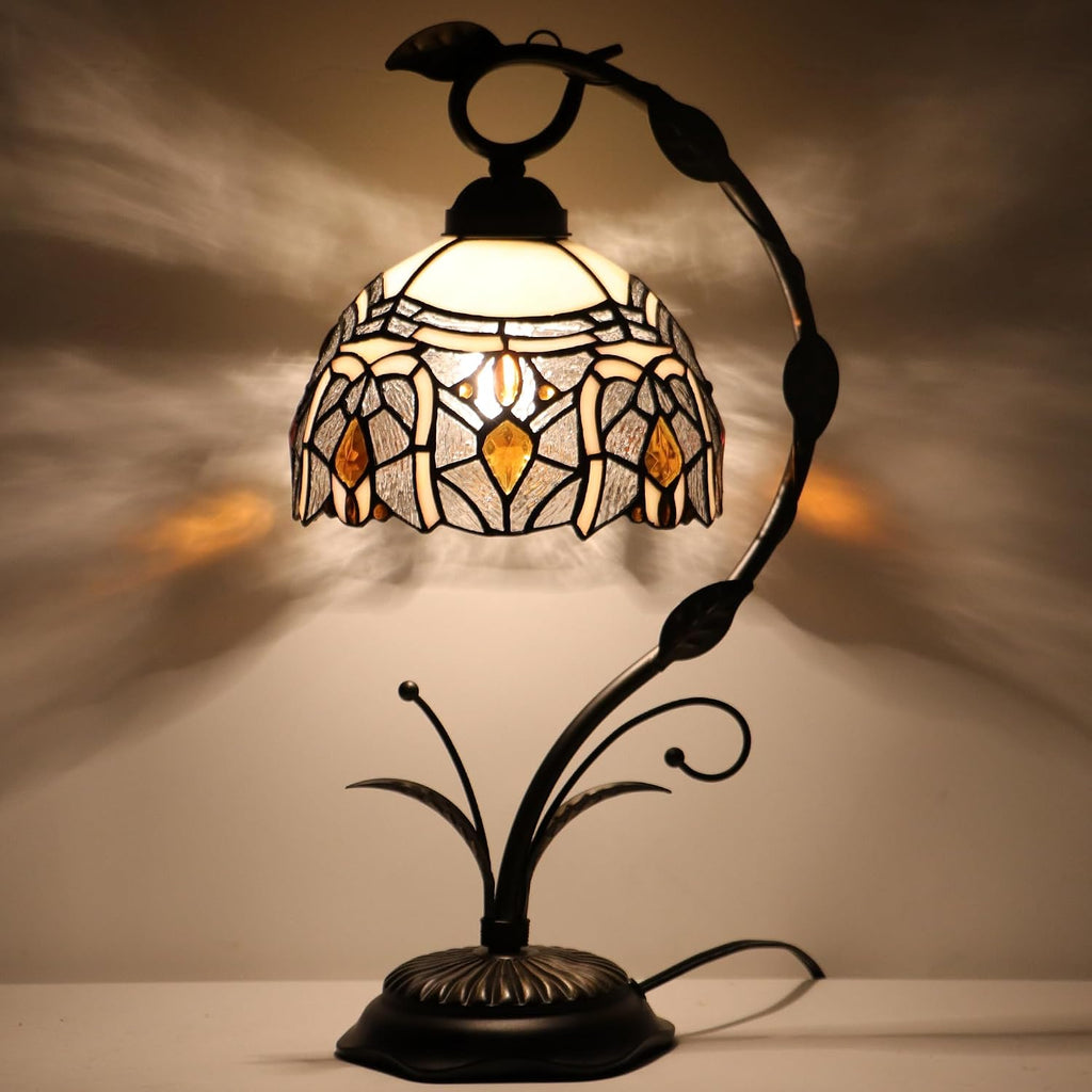 Tiffany Lamp Stained Glass Table Lamp Metal Leaf Base 8X10X19 Inch Reading Desk Light (Crystal Style)