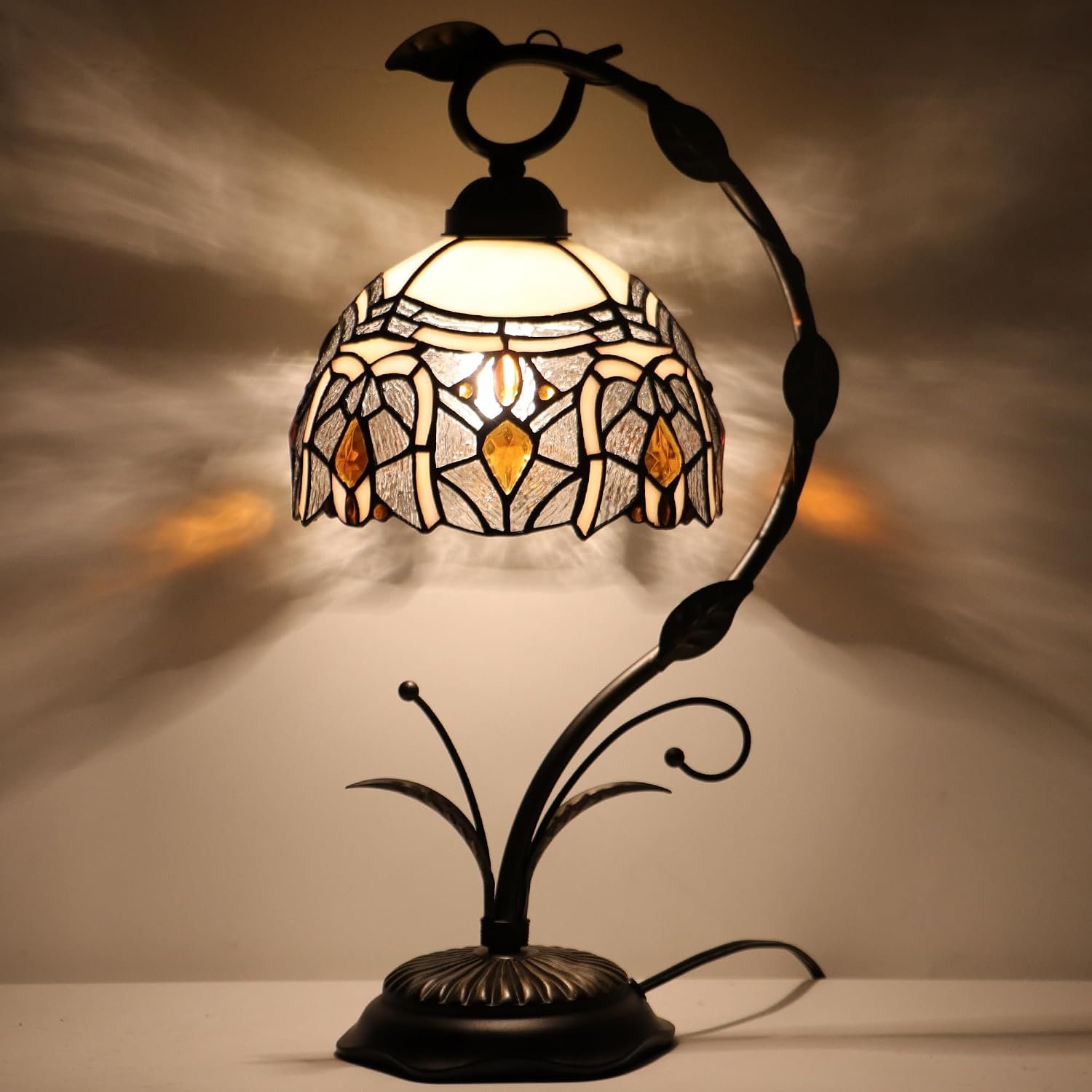 Tiffany Lamp Stained Glass Table Lamp Metal Leaf Base 8X10X19 Inch Reading Desk Light (Crystal Style)