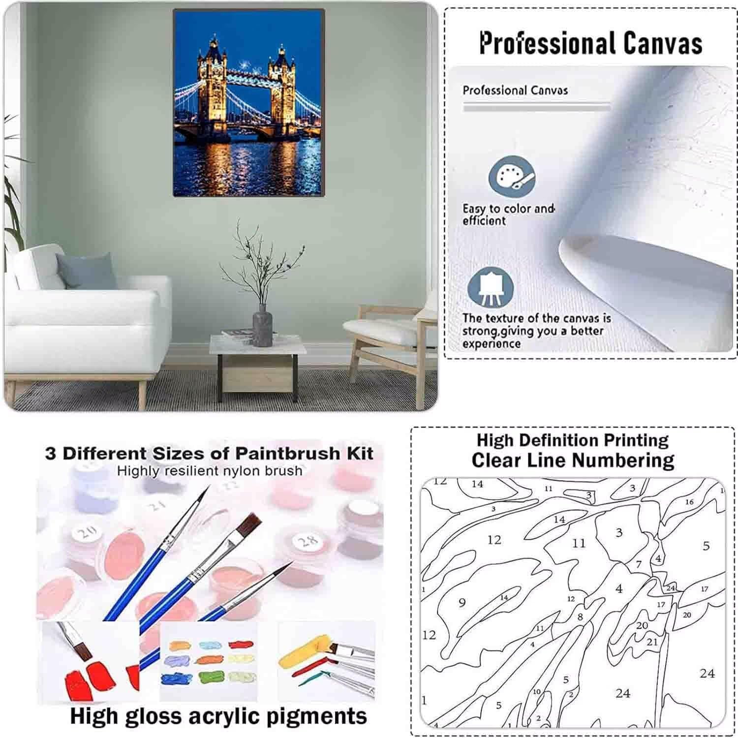 Golden Gate Bridge Paint by Numbers Landscape Paint by Numbers Kit for Adults, Pre Drawn Canvas Painting Kits with 3 Paintbrushes and Acrylic Oil Painting, Hobbies for Women 40x53in (with Frame) -i100