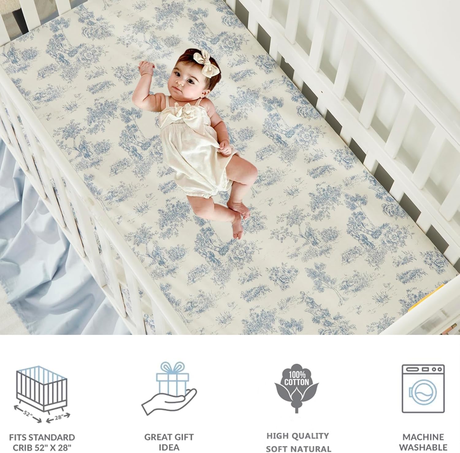 Brandream French Country Toile Crib Bedding Set for Girls Vintage Blue Toile Floral Print 100% Cotton Baby Girl Nursery Bedding Collection - Ruffles Quilt,Toile Crib Sheet,Crib Bed Skirt 3 Pieces