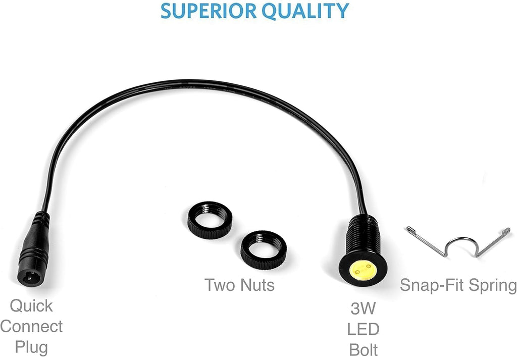 Oznium Bass Boat LED Deck Light Kit with 8 snap-fit LED Bolts, Plug and Play Wiring, LED dimmer knob