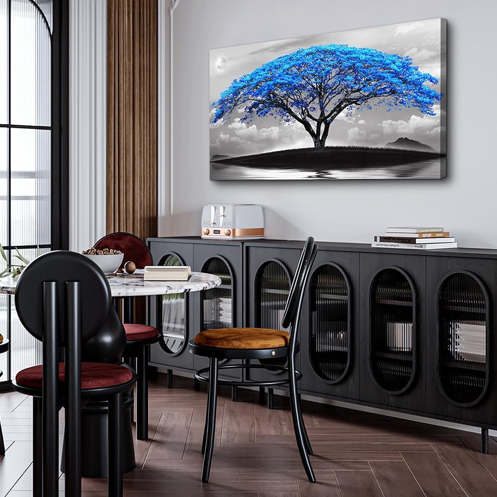 Wapluam Black And White Pictures Large Canvas Prints Wall Art For Living Room Bedroom Wall Decor Blue Tree Landscape Painting To Hang Modern Home Decorations For Office Stretched And Framed Works