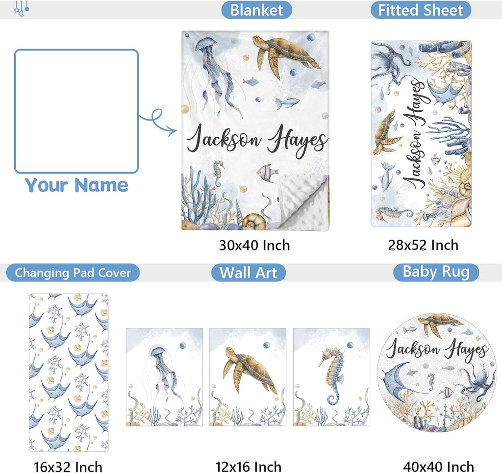 KAINSY Custom Crib Bedding Set 5 Pcs for Girls Boys – Personalized Underwater World Theme, Newborn Sleep Set, Nursery Decor, Toddler Room Essentials, Infant Sleep, Baby Room Accessories, Baby Gift