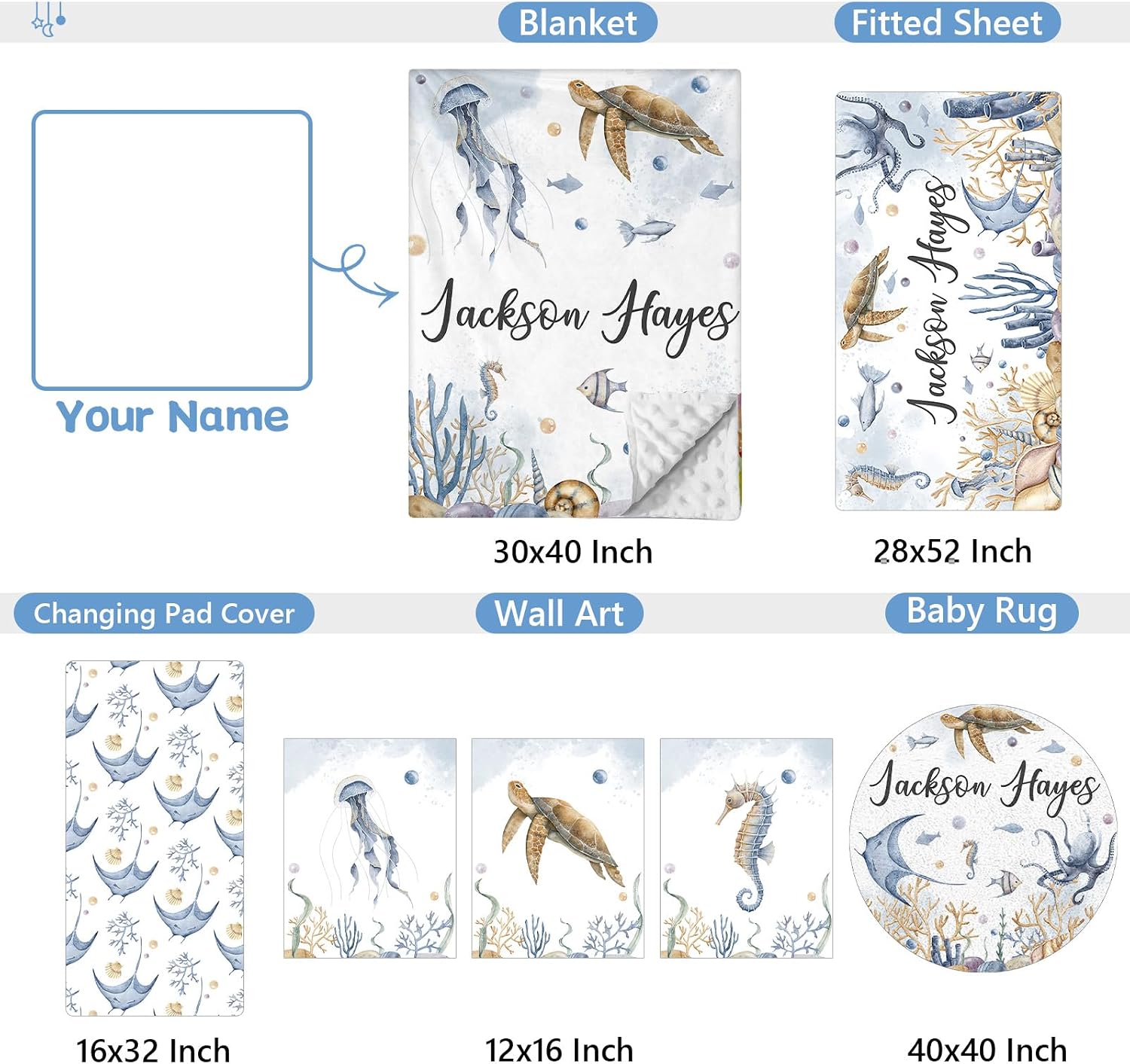KAINSY Custom Crib Bedding Set 5 Pcs for Girls Boys – Personalized Underwater World Theme, Newborn Sleep Set, Nursery Decor, Toddler Room Essentials, Infant Sleep, Baby Room Accessories, Baby Gift