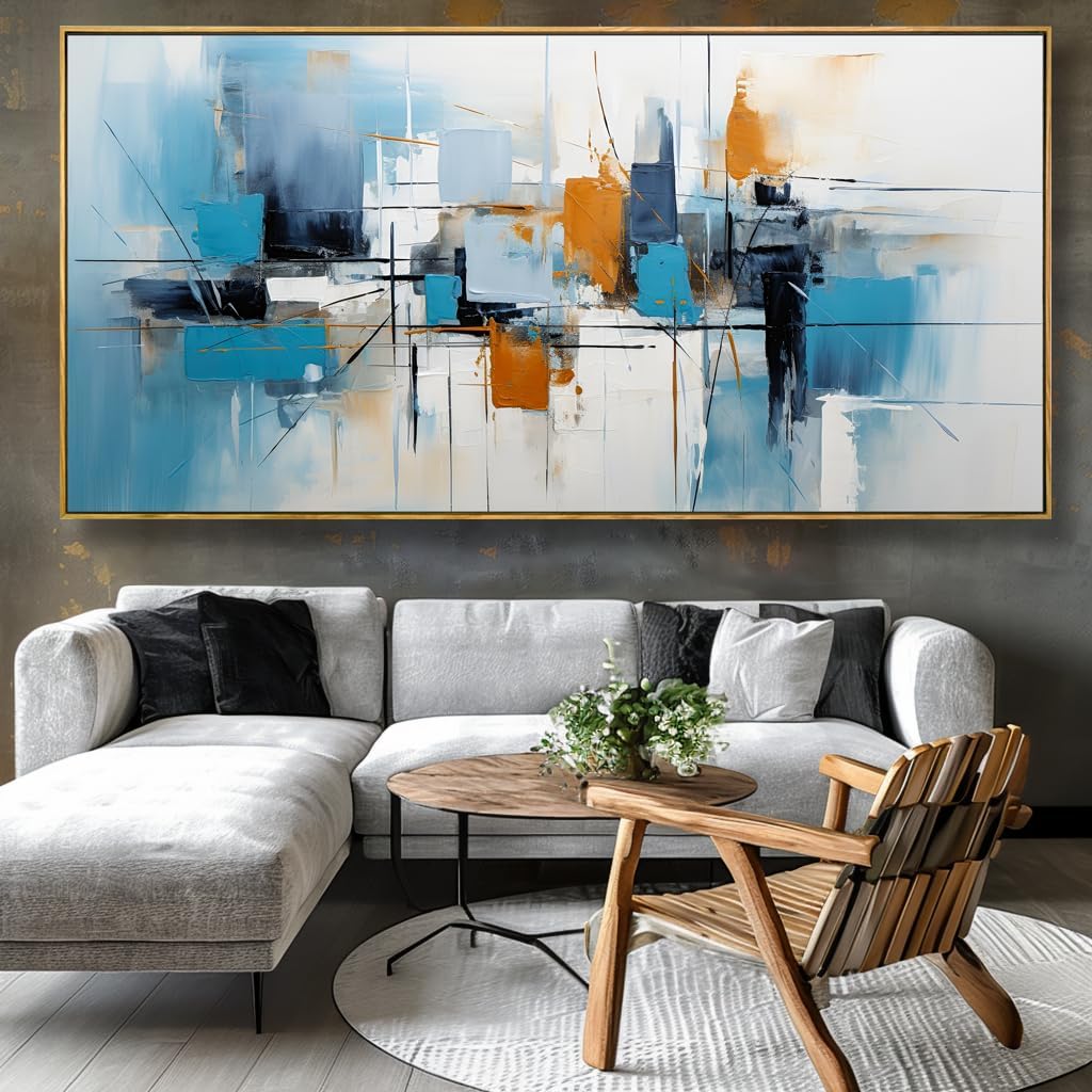 Wall Art Abstract Wall Decor Blue Orange Colorful Canvas Painting Modern Artwork for Living Room Bedroom Dining Room Home Office Decor 24'x48' with Framed