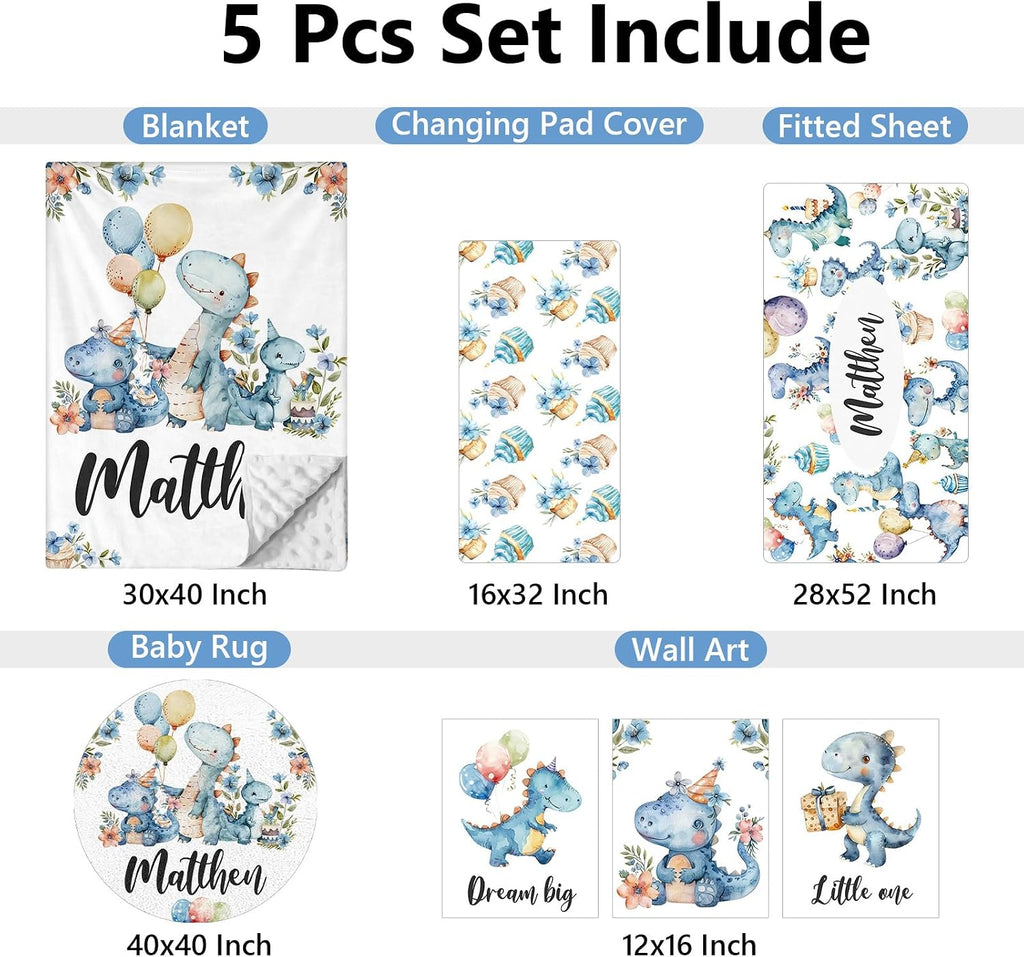 KAINSY Custom Crib Bedding Set 5 Piece for Baby Boys – Personalized Dinosaur Theme, Newborn Sleep Set, Nursery Decor, Toddler Room Essentials, Infant Sleep, Baby Room Accessories, Baby Gift