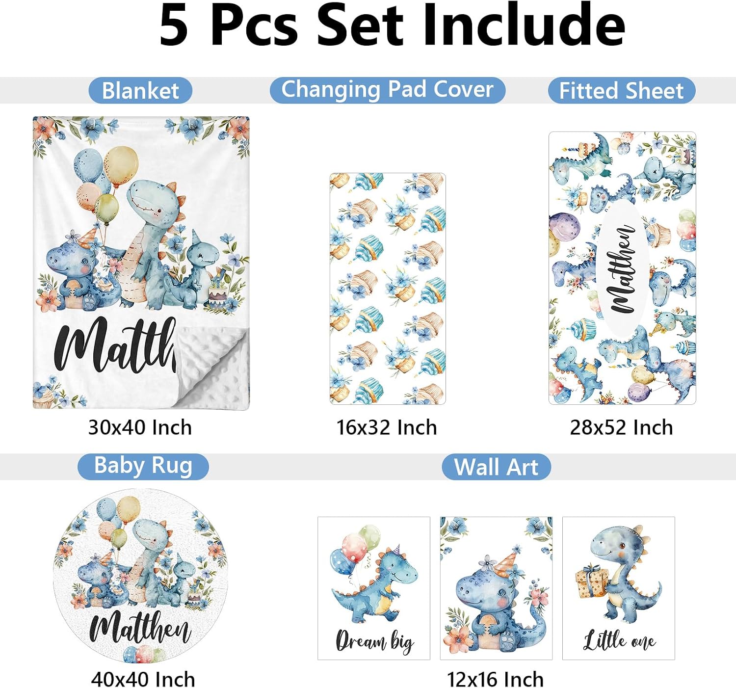 KAINSY Custom Crib Bedding Set 5 Piece for Baby Boys – Personalized Dinosaur Theme, Newborn Sleep Set, Nursery Decor, Toddler Room Essentials, Infant Sleep, Baby Room Accessories, Baby Gift