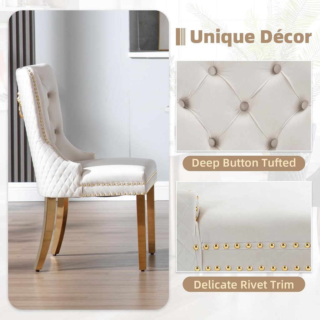 Velvet Dining Chairs Set of 6, Upholstered Dining Room Chairs, Mid-Century Modern Chairs with Diamond Lattice Tufted Back, Lion Pull Ring Rivet Trim, Golden Metal Legs for Kitchen, Beige