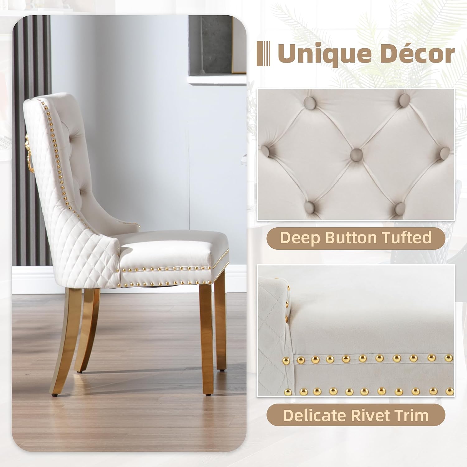 Velvet Dining Chairs Set of 6, Upholstered Dining Room Chairs, Mid-Century Modern Chairs with Diamond Lattice Tufted Back, Lion Pull Ring Rivet Trim, Golden Metal Legs for Kitchen, Beige