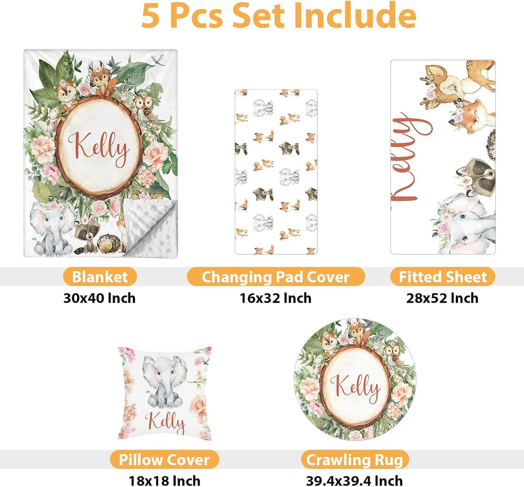 Custom Baby Crib Bedding Set - 5 Piece Nursery Crib Set Woodland Animals Design - Personalized Name Blanket with Dotted Backing, Crib Sheet, Changing Pad Cover, Pillow Cover, Rug for Newborns Color11