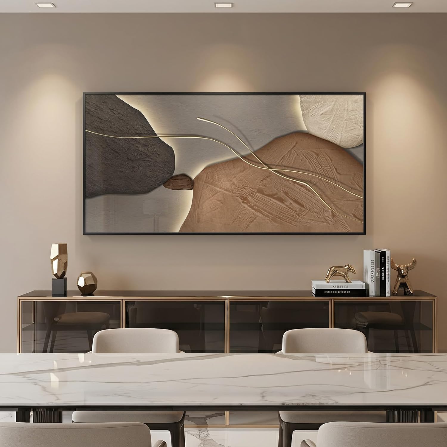 Framed Abstract Horizontal Wall Art for Living Room, Extra Large Brown and Tan Modern Artwork for Walls, Contemporary Elegant Picture Prints Paintings for Bedroom Dining Room Wall Decor, 56x28 Inch
