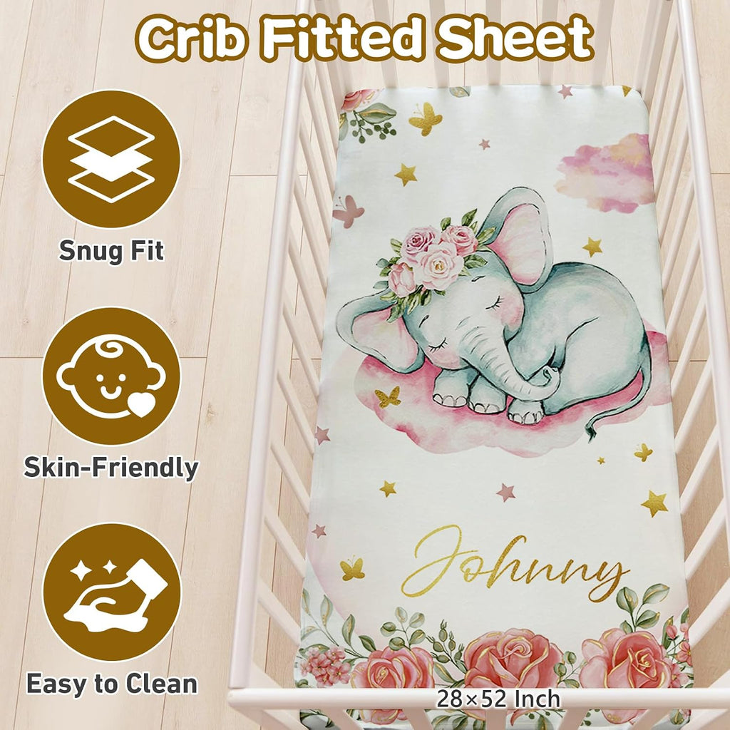 Terwex Personalized Baby Bedding Set, 5 Pcs Custom Name Bedding for Girls & Boys - Soft Toddler Crib Sets for Infant Customized Gifts, Pink Elephant
